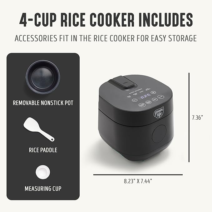 GreenLife Digital Rice Cooker, 2-Cups Uncooked/4-Cups Cooked, Removable Nonstick Ceramic PFAS-Free Pot, One-Touch Presets, Oats, Quinoa, Brown Rice, Auto Keep Warm, Fuzzy Logic Tech, 1.5 QT, Black