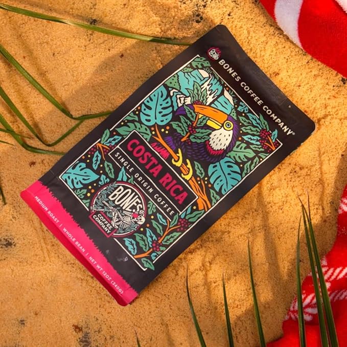 Bones Coffee Company Costa Rica Single-Origin, Cocoa, Nutty and Milk Chocolate Notes, Ground Coffee Beans, Low Acid Medium Roast Arabica Beans Flavored Coffee for Auto drip Coffee Maker, 12 oz Ground