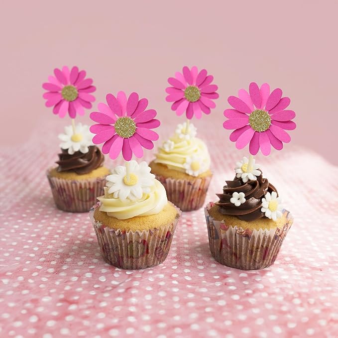 24Pcs Daisy Cupcake Toppers Flower Cake Topper Decorations Daisy Cake Decorations Chrysanthemum Cupcake Toppers Spring Daisy Flower Cake Picks for Birthday Wedding Supplies Rose Red