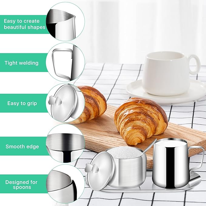 Stainless Steel Sugar and Creamer Set, Coffee Sets for Serving, Latte Milk Cup Cream Jug and Sugar Bowl with Lid Spoon Tray for Coffee Bar