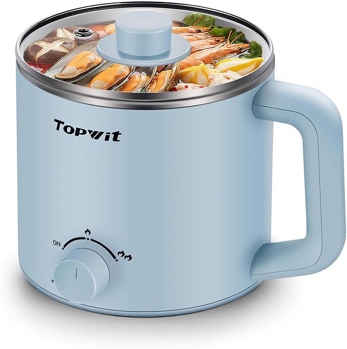 Topwit Hot Pot Electric, Electric Pot, 1.6L Ramen Cooker, Multifunctional Cooker for Pasta, Shabu-Shabu, Oatmeal, Soup and Egg with Over-Heating Protection, Boil Dry Protection, Blue