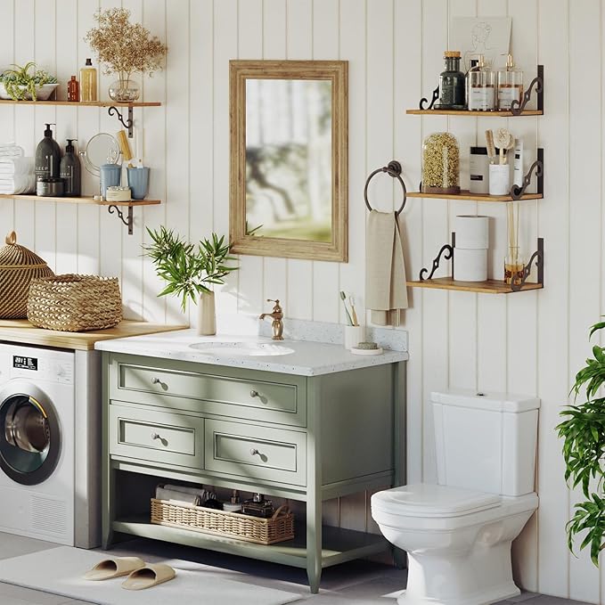 DINZI LVJ Deep Floating Shelves, 16" W x 12" D Wall Shelves Set of 2, Wide Display Shelf Wall Mounted with Brackets, Easy-to-Install Wall Bookshelf for Living Room, Bathroom, Bedroom, Rustic Brown