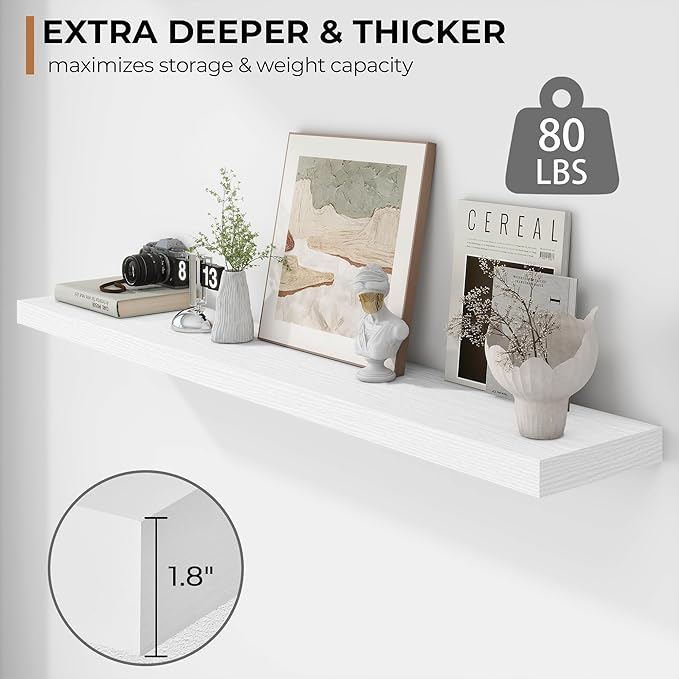 Fun Memories 55 Inch Floating Shelves - 9 Inch Deep Rustic Wooden Wall Shelves - Extra Deeper & Thicker Wall Mounted Storage Shelf for Living Room, Kitchen, Farmhouse - 55" W x 9" D x 1.8" H - White