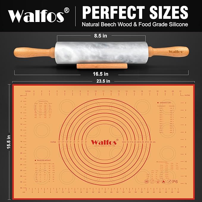 Walfos Marble Rolling Pin Set With Non Stick Silicone Pastry Mat, 16.5 Inch Dough Rolling Pins For Making Pizza, Tortillas And Cookies, Backing Rolling Pin For Pie Crust, Pizza, Pasta (Gray & White)