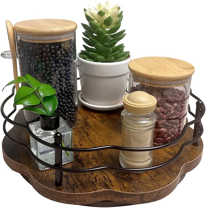 Lazy Susan Turntable Organizer with Higher Metal Sides, 11" Wooden Lazy Susan Spice Rack Organization and Storage for Cabinet,Kitchen,Countertop,Table Top,Dining Table,Coffee Bar Decor