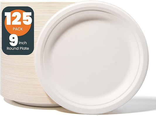 100% Compostable 9 inch Paper Plates, [125-Pack] Disposable Party Plates, (BPI Certified)-Heavy Duty, Eco-Friendly Dinner Paper Plates, Biodegradable Sugarcane Plates, white