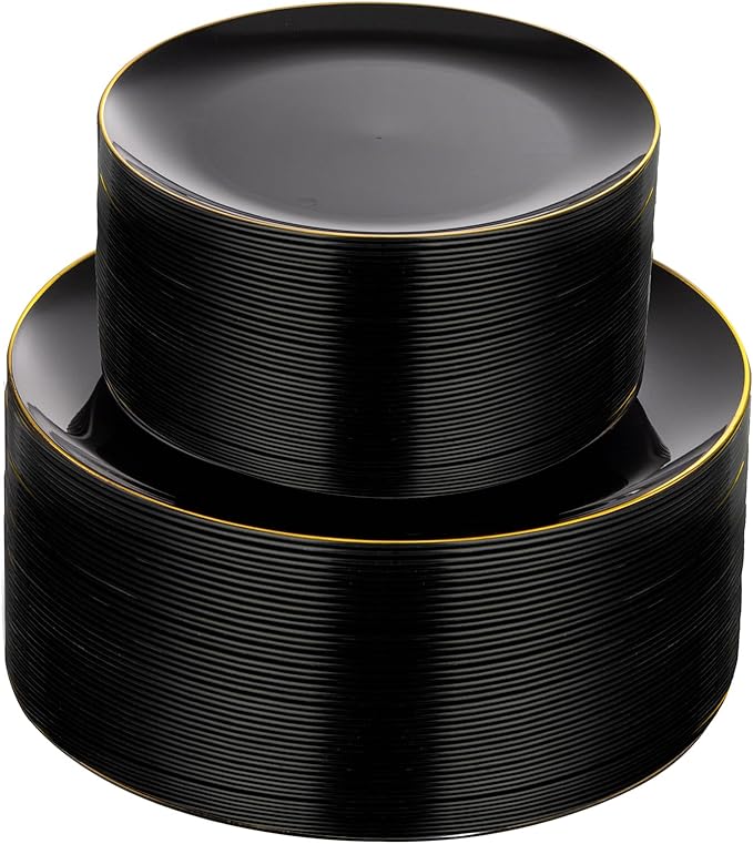 KIRE 100PCS Black and Gold Plates - Black Plastic Plates Disposable with Gold Rim for Party/Wedding/Graduation Include 50Pcs 10.25inch for Dinner and 50Pcs 7.5inch for Dessert/Salad