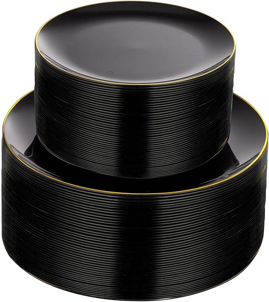 KIRE 100PCS Black and Gold Plates - Black Plastic Plates Disposable with Gold Rim for Party/Wedding/Graduation Include 50Pcs 10.25inch for Dinner and 50Pcs 7.5inch for Dessert/Salad