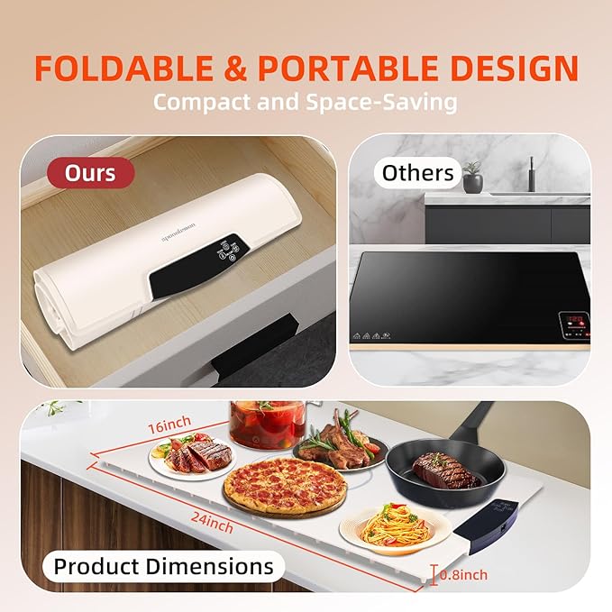 Electric Food Warming Mat, Full-Surface Silicone Food Warmer Heating Pad with Adjustable Temperature & Time, Portable Foldable Warming Tray for Buffet, Parties, Gatherings, Travel, Home Use