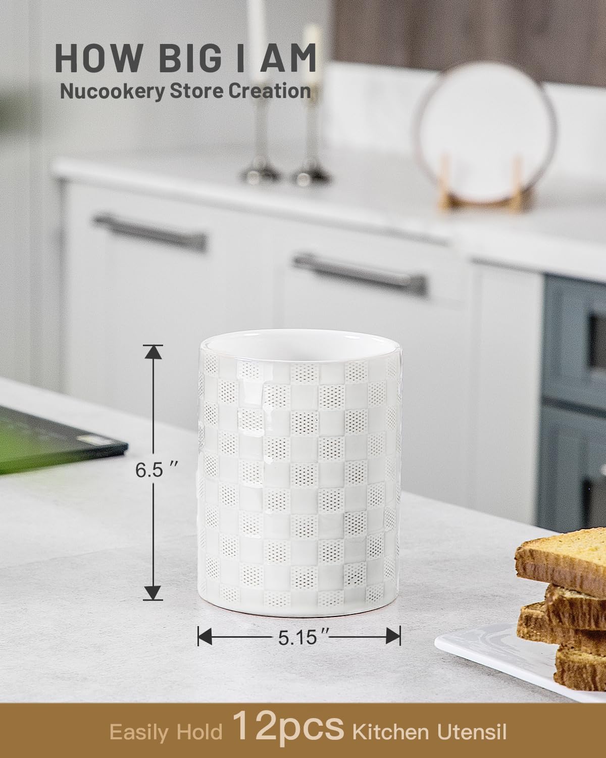 Nucookery 6.4'' Utensil Holder - Ceramic Utensil Holder for Kitchen Counter, Large Capacity Countertop Storage, Farmhouse Style Utensil Crock Organizer for Spoons, Spatulas & Cooking Tools