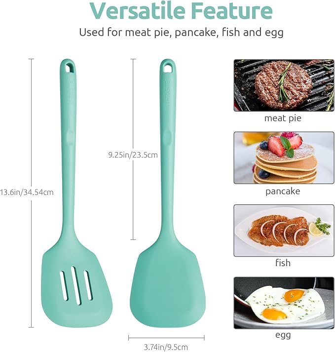 U-Taste 600ºF Heat Resistant Silicone Turners: 13.6in Long Solid & Slotted Kitchen Spatula Flipper, Wide and Large Flexible Cooking Utensil for Flipping Egg, Pancake, Cookie (Aqua Sky, 2PCS)