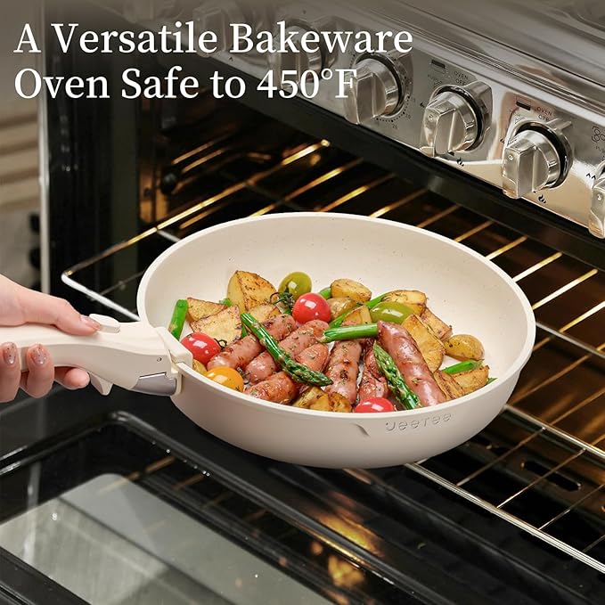 JEETEE Pots and Pans Set Non Stick 19 Pcs, Cookware Set Detachable Handle, RV Kitchen Cooking Set Removable Handles, Stackable Non-stick Set, Oven Safe, Beige