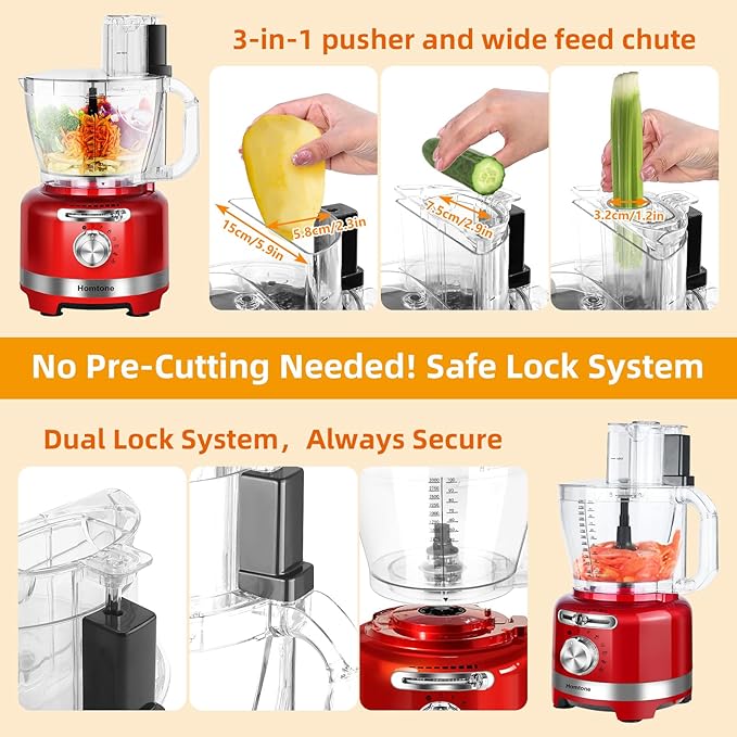 Homtone 16 Cup Food Processor, 6 Preset Modes& Stepless Speed Control for Dough Kneading, Meat Chopping, Slicing, Shredding, French Fries Potato Cuting, Cheese Grating& Whipping Cream, 650W, Red