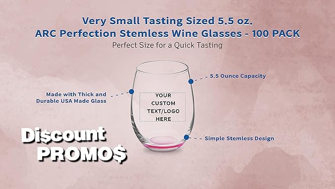 Custom Stemless Wine Glasses by ARC 5.5 oz. Set of 100, Personalized Bulk Pack - Perfect for Hotel, Bar, Restaurant or Lounge - Pink