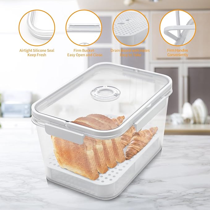 Portable Bread Box with Handles and Time Recording, Bread Storage Container for Kitchen Countertop, Breadbox Organizer Holder for Homemade Bread, Loaf Bread Keeper, Airtight Food Container Bin