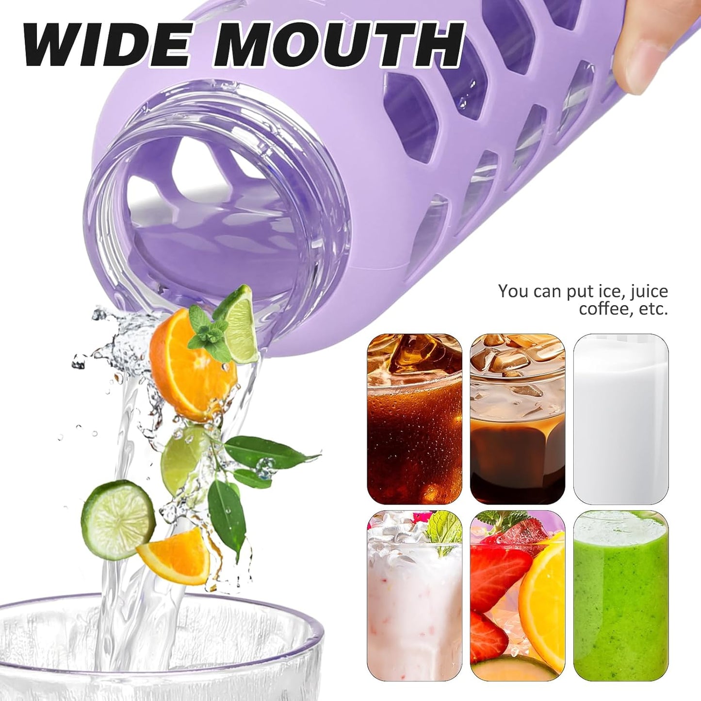 MUKOKO Glass Water Bottles, 24oz Glass Tumbler with Straw, Drinking Bottles with 2 Lids-Handle Spout Lid&Bamboo Straw Lid, Motivational Water Bottle with Time Marker and Silicone Sleeve, 1 Pack-Purple