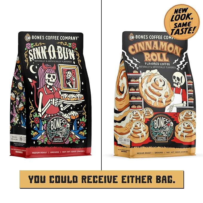 Bones Coffee Company Cinnamon Roll Flavored Coffee, Medium Roast Low Acid Arabica Beans Compatible with Auto drip and French Press Coffee Maker, 12 Oz Ground