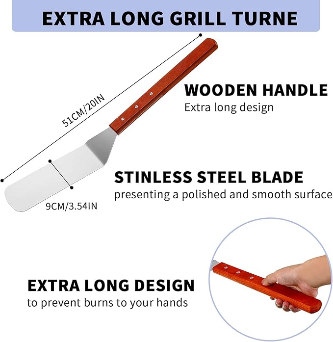 2 Pieces BBQ Extra Long Grill Turner and Grill Spatula, Stainless Steel Barbecue Grilling Accessories, Slotted Spatula and Solid Kitchen Spatula with Wooden Handle, 20 Inch