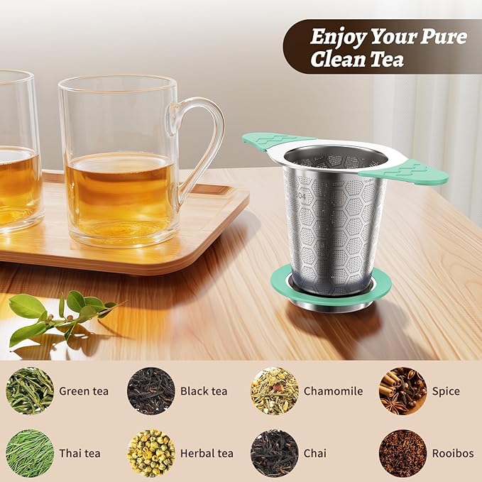 Tea Infuser for Loose Leaf Tea,18/8 Stainless Steel Tea Infuser with Heat Proof Silicone Handles,Extra Fine Mesh Tea Strainers Filter Fine Tea Leaves Effectively,Fits TeaPots/Mugs-Green