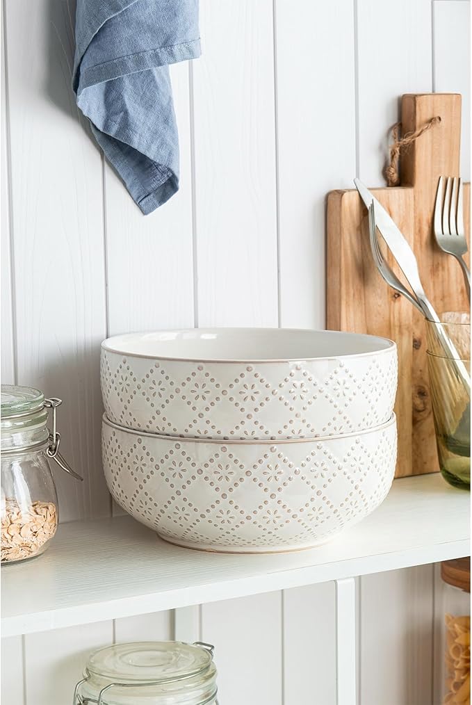 Large Serving Bowls, 8 inch 60 OZ Salad Bowls Set of 2, Ceramic Bowl Set for Salad，Ramen, Soup, Cereal and Entertaining, Farmhouse Decorative, Dishwasher & Microwave Safe, Off-White