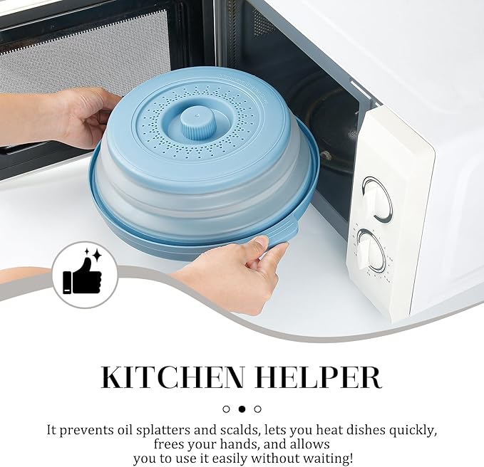 10.7 Inch Microwave Food Cover with Heat Insulation Mat, Anti-Scald Collapsible Microwave Splatter Cover, Multi-Functional as Colander & Fruit Plate, Dishwasher Safe, Ideal for Meal Prep (Blue)