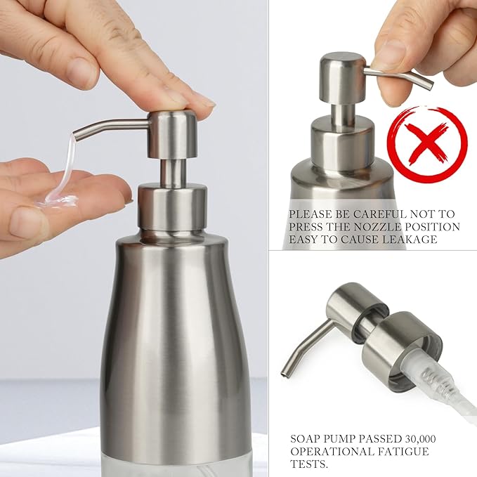 Kitchen Soap Dispenser Set with Silicone Tray and Stickers - Brushed Nickel, Stainless Steel Glass Soap Dispenser Bathroom, Refillable Hand Dish Soap Dispenser for Kitchen Sink