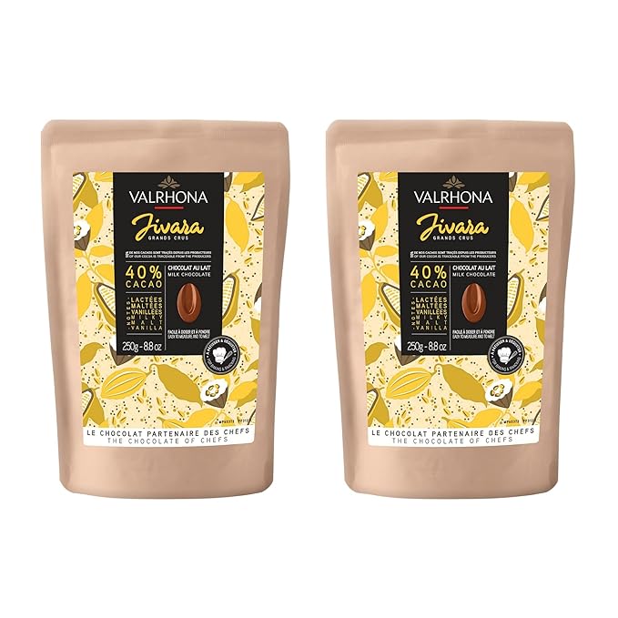 Valrhona Premium French Baking Creamy Milk Chocolate Discs (Feves). JIVARA 40% Cacao. Easy Melt and Tempering. Hints of Vanilla and Malt. For Cookies, Mousses, Frostings and Candies 250g (Pack of 2)