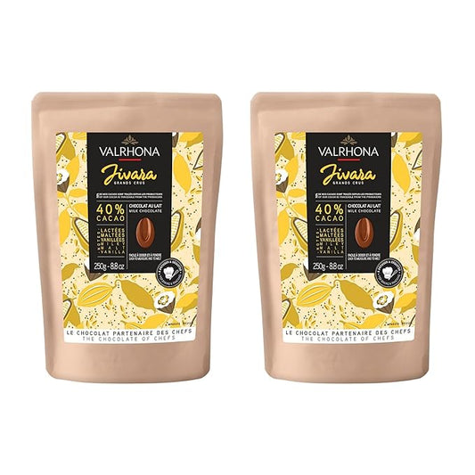 Valrhona Premium French Baking Creamy Milk Chocolate Discs (Feves). JIVARA 40% Cacao. Easy Melt and Tempering. Hints of Vanilla and Malt. For Cookies, Mousses, Frostings and Candies 250g (Pack of 2)