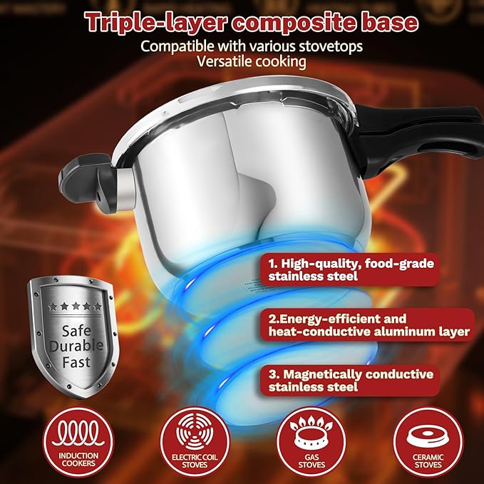 Stainless Steel Pressure Cooker 6.34 Quart, Heavy-Duty, Food-Grade, All Stovetop & Induction Compatible with Multi-Safety Lock System for Gas Electric Ceramic, Commercial Home Kitchen Use, Deeluban
