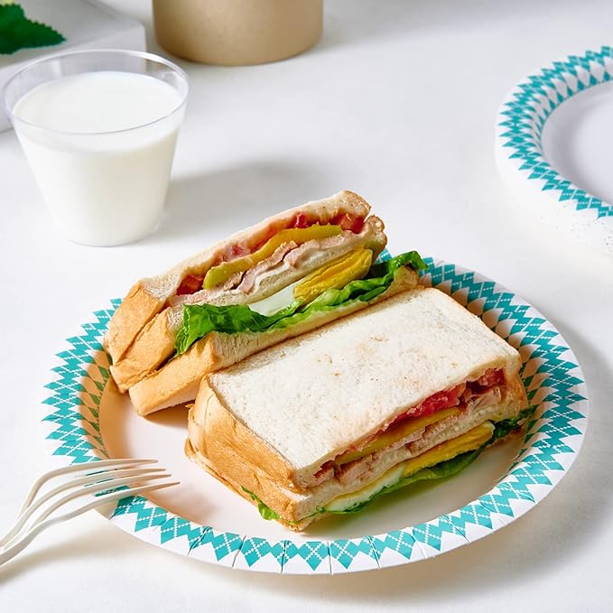 JOLLY PARTY 8.37 inch Disposable Paper Plates, 360 Count Dinner Plates, Soak Proof, Cut Proof for Everyday Use, Blue Diamond Pattern Rim Design