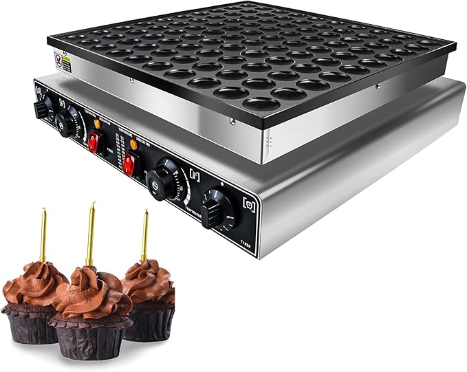 KOOTEN Dutch Pancake Baker,100pcs Electric Commercial Large Waffle Maker,Mini pancakes Maker Machine, Non-Stick Round Stainless Steel Mini Waffle Maker with 2 Thermostats and 2 Timers