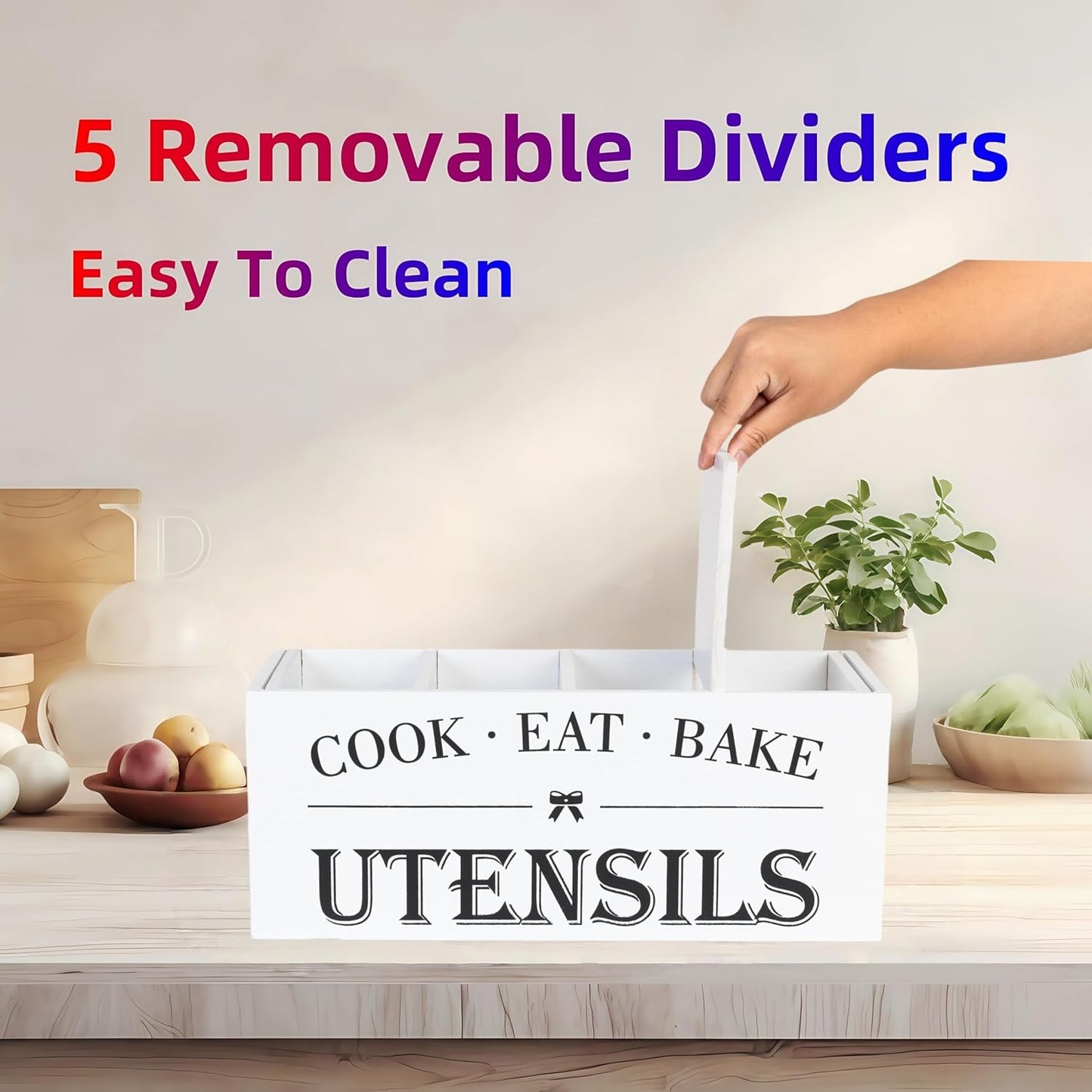 Utensil Holder,Extra Large Wooden Utensil Holder For Kitchen Counter,Cooking Spatula Organizer,Big Storage Caddy With 4 Compartments Flatware Spoon Tool Cutlery（White）