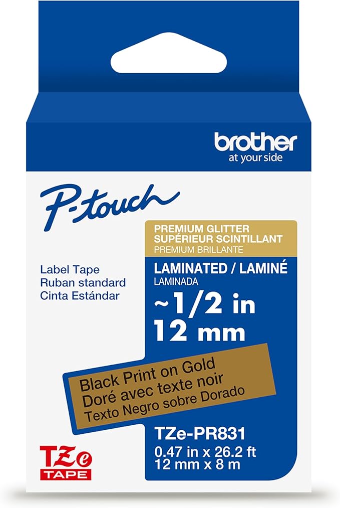 Brother Genuine P-Touch TZe, Black Print on Gold Label Tape (TZePR831), Premium Glitter Laminated,1/2in x 26.2ft (12mm x 8m) for Select P-Touch Label Makers, Powerful Lamination, for Crafting