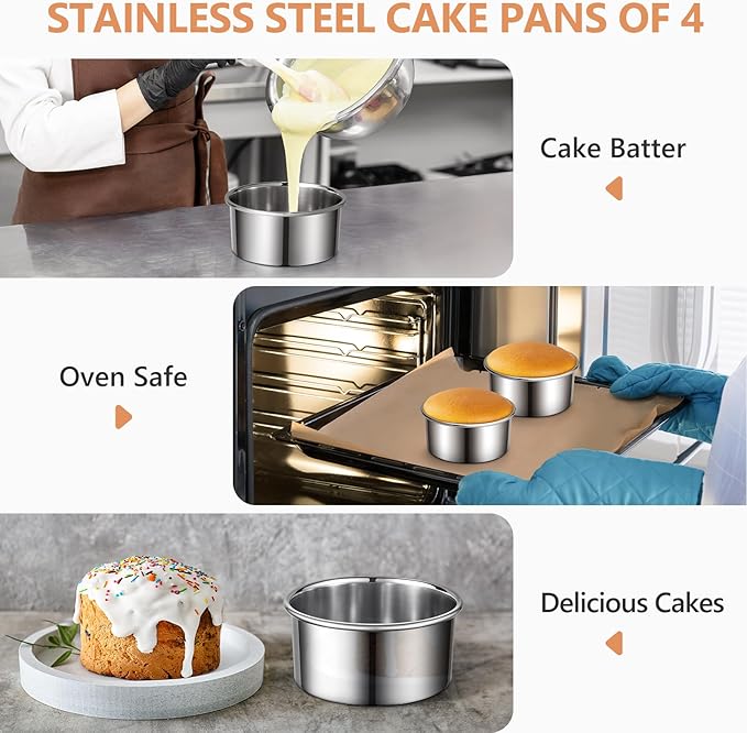 4 Inch Cake Pan Set of 4, Removable Bottom & Easy Releasing Mini Cake Pan, 304 Stainless Steel Round Cake Pan, Leakproof & Nonstick Small Cake Baking Pans, Non-Toxic & Healthy