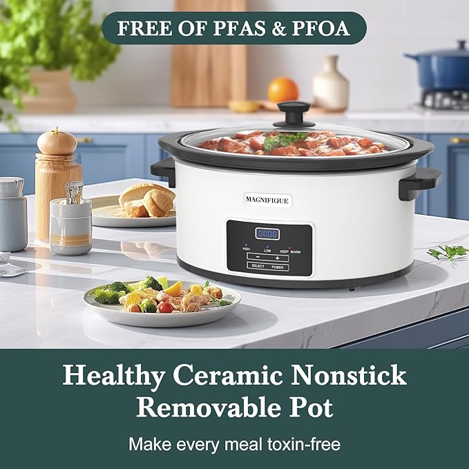 8-Quart Programmable Slow Cooker with Timer Keep Warm - Small Kitchen Appliance for Family Dinners - Serves 6+ People - Heat Settings: Keep Warm(White, Black Liner)