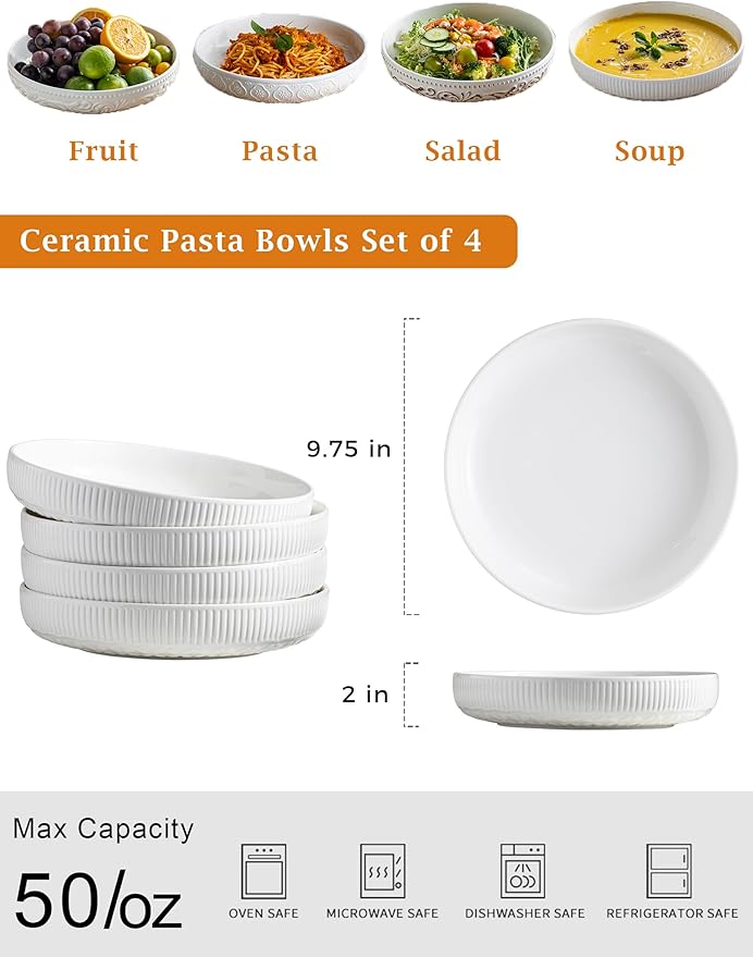 YHOSSEUN 9.75" Pasta Bowls Set of 4, 50 OZ Large Salad Serving Bowls Pasta Plates, White Soup Bowl for Kitchen Meal Prep, Ceramic Shallow Dishes Dinner Bowl, Clover Stripe