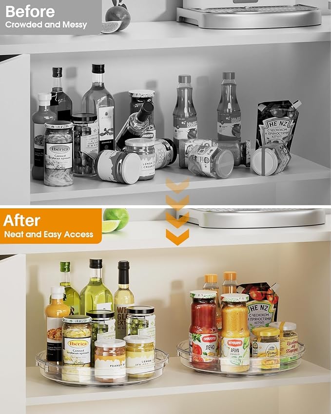 LAMU 2 Pack 10.6in Lazy Susan Organizer Turntable for Cabinet, Clear Lazy Susan for Refrigerator Rotating Organizer for Fridge, Kitchen, Pantry, Countertop, Bathroom, Medicine Cabinet Organizer