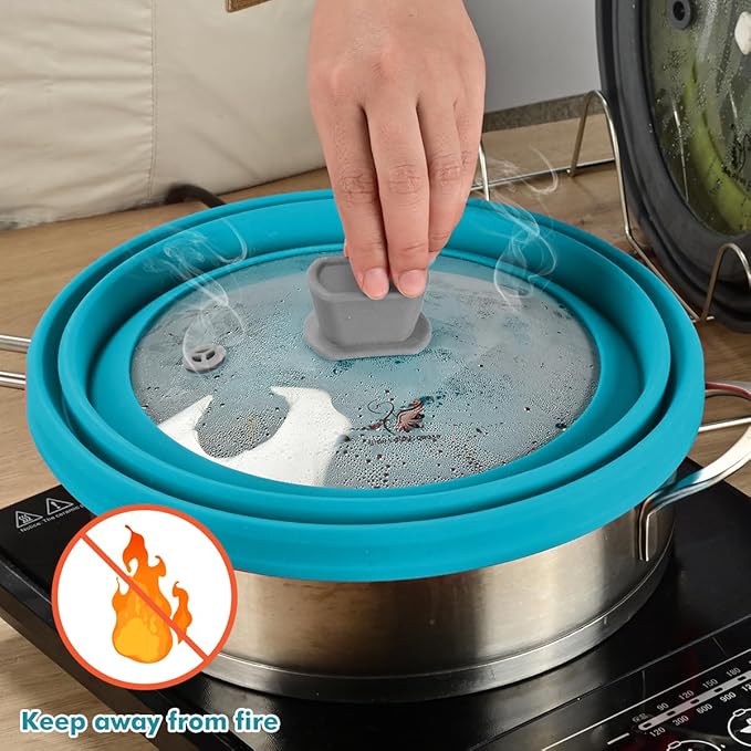 Microwave Splatter Cover Glass Cover Splatter Guard Lid with Collapsible Silicone for Food Cover Plate Cover 10.8 inch Blue