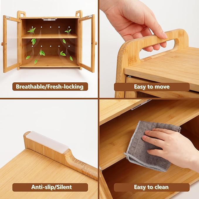 AMBIRD Bamboo Bread Box 20L Large Capacity with Clear Acrylic Doors - Double Layer Food-Safe Bread Storage with Air Vents and Side Handles - Keep Bread Fresh and Counter Clutter-Free