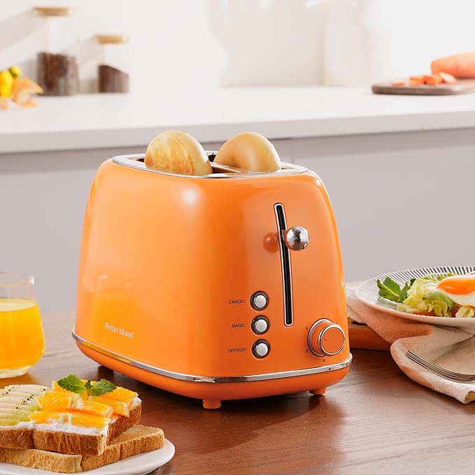 2 Slice Toaster Retro Stainless Steel with Bagel, Cancel, and Defrost Functions, 6 Bread Shade Settings, Extra Wide Slots and Removable Crumb Tray, Orange