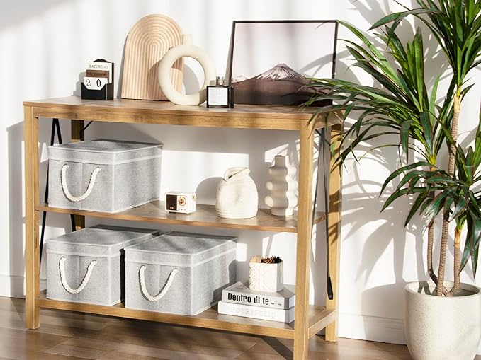 StorageWorks Large Storage Bins with Lids, Decorative Storage Boxes with Lid and Soft Rope Handles, Foldable Storage Baskets for Closet, Shelves, Stackable, Gray, 3-Pack