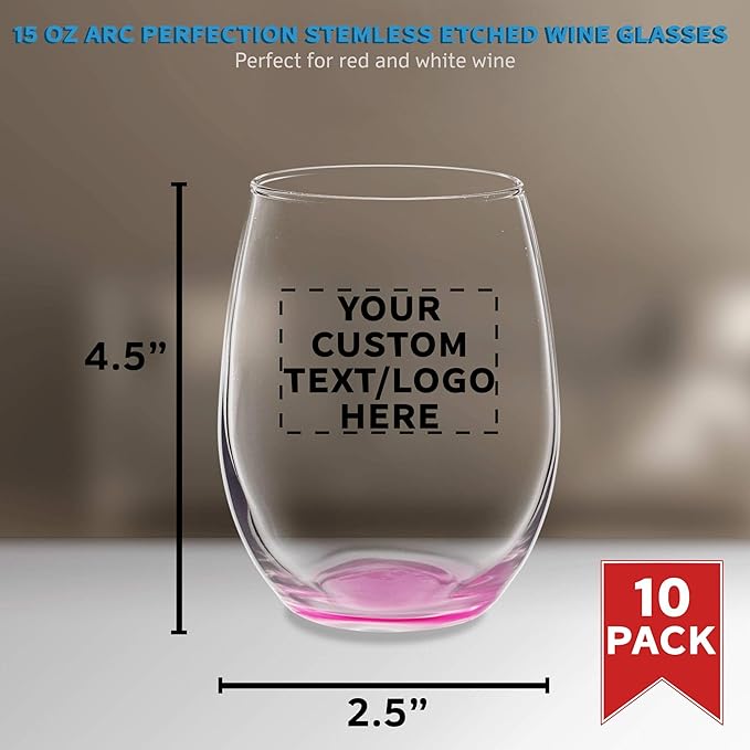 Custom Stemless Wine Glasses in Bulk by ARC Perfection, 15 oz, 10 pack, Personalized Text, Logo, Red or White Wine Glass Set, Pink
