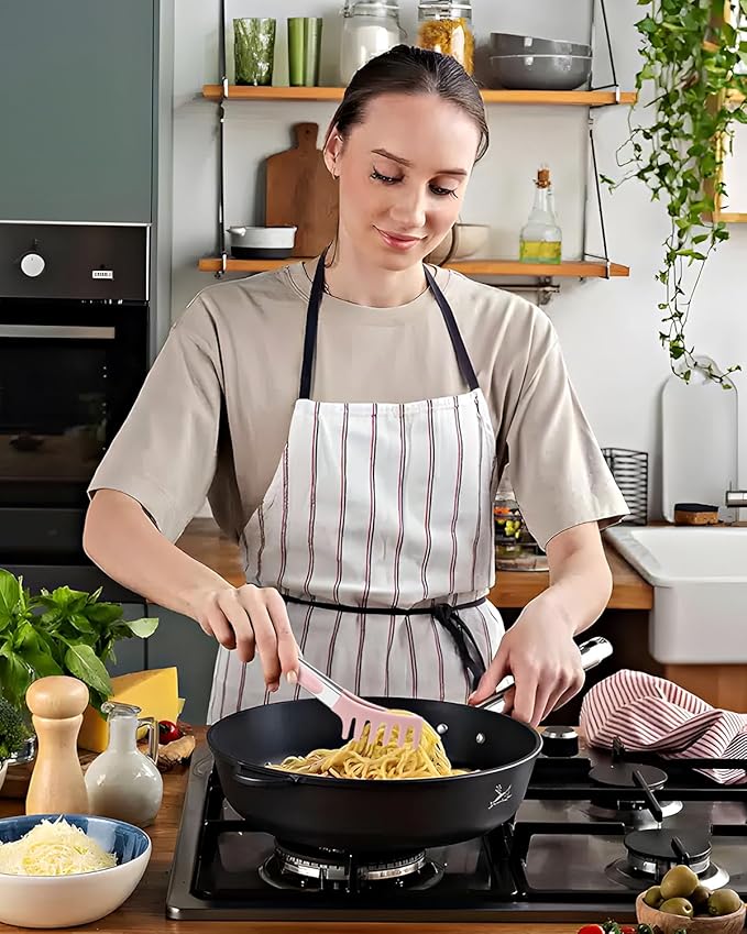 Spaghetti Spoon and Pasta Tong, Non-stick Silicone Spoon Server Fork With Teeth and Stainless Steel Handle, Food Clip for Noodles, Pink