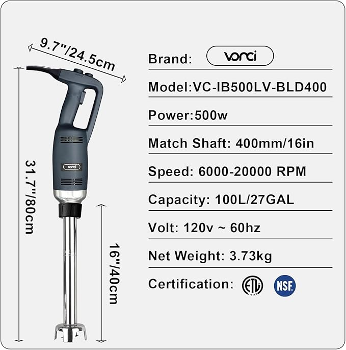VONCI 500W Commercial Immersion Blender, 16" SUS 304 Removable Shaft, Heavy Duty Power Hand Mixer with Variable Speed 6000-20000RPM, Professional Electric Stick Blender for Restaurant Kitchen Use.