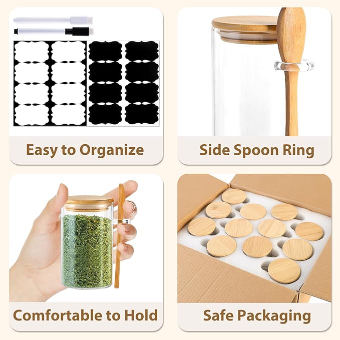12 Pack 8 oz Round Glass Spice Jars with Lids and Spoons – Airtight Small Spice Containers Set with Labels, Clear Glass Storage Jars for Seasoning, Spices, Kitchen Pantry Organization