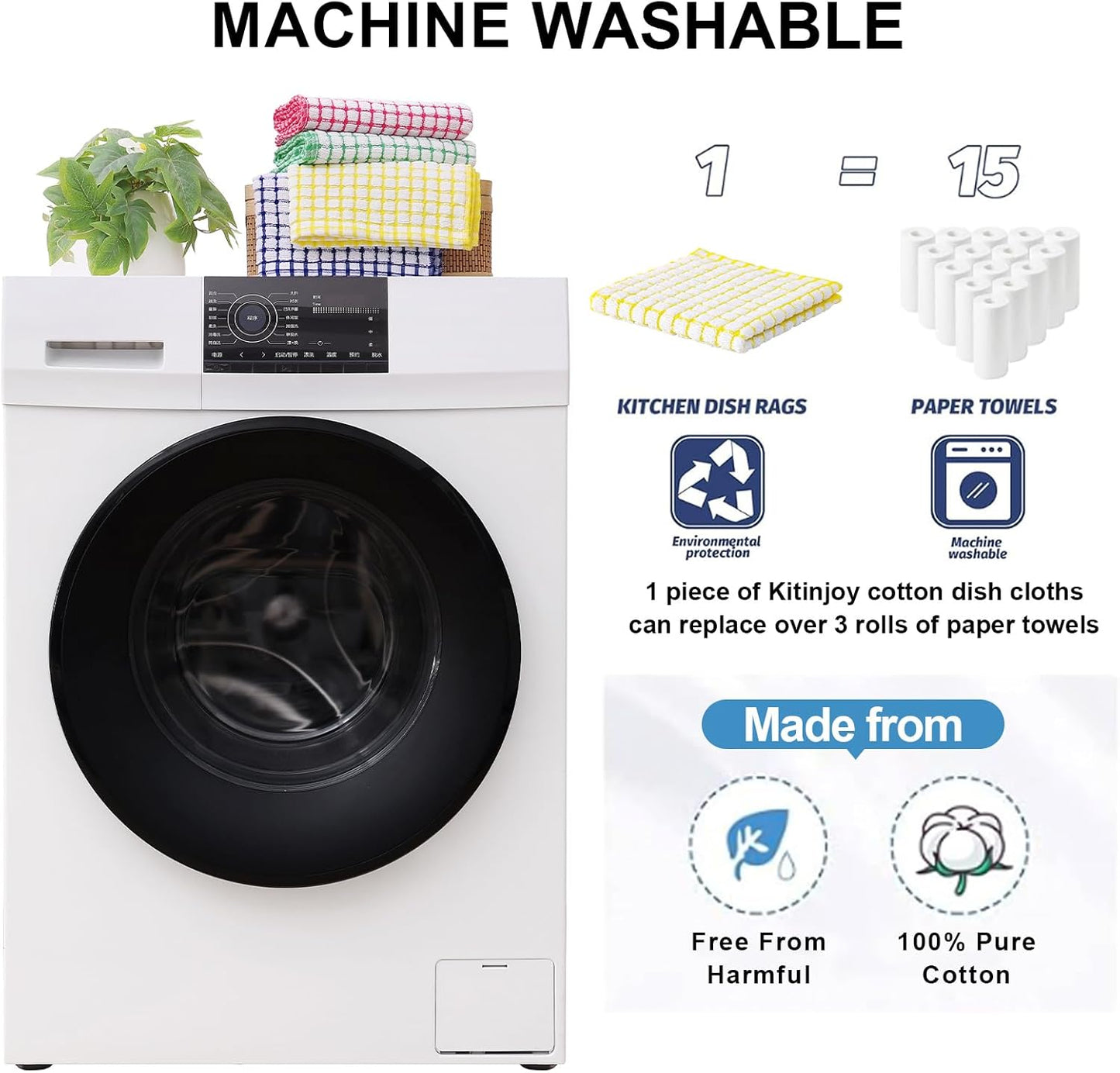 Kitinjoy Cotton 12 Pack Kitchen Towels and Dishcloths Sets, 16 x 25 Inch & 12 X 12 Inch Dish Towels Bulk, Super Soft and Absorbent Hand Towels for Kitchen Drying, Multiple Colour