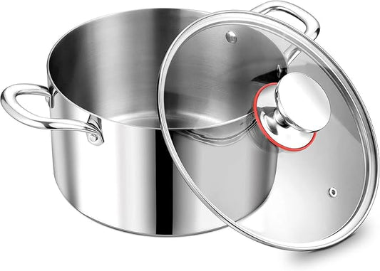 P&P CHEF 5 Quart Tri-Ply Stainless Steel Stock Pot, 5 Qt Stockpot Pasta Cooking Pot with Visible Lid for Soup Vegetable, Induction Cookware for All Stoves, Sturdy & Double Handle, Dishwasher Safe