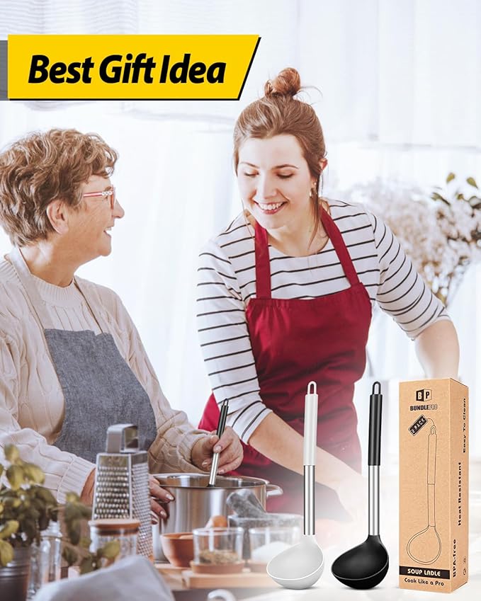 Pack of 2 Ladle Spoon,Silicone Large Spoon for Soup,Non Stick Kitchen Utensils with High Heat Resistant,BPA Free Perfect Kitchen Tools for Cooking, Stirring,Serving Soups (BLACK-WHITE)