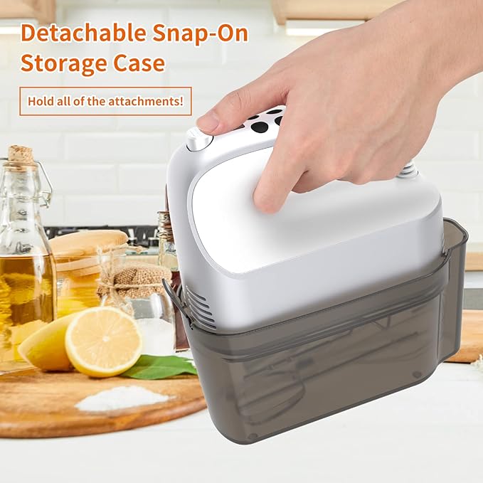 9-Speed Digital Hand Mixer Electric, 400W Powerful DC Motor, Baking Mixer Handheld with Snap-On Storage Case, 5 Stainless Steel Accessories, Flat Beaters, Dough Hooks, Whisk (Silvery & White)