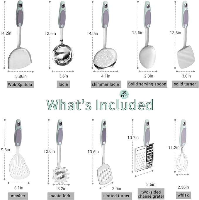 10PCS Cooking Utensils Set, Stainless Steel Utensils Set Non Slip Handle Heat Resistant Kitchen Cooking Tools Durable Metal Utensil Spatula, Spoon, Whisk, Ladle, Pasta Fork